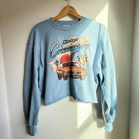 Dodge Charger Cropped Sweatshirt Blue Raw Hem Graphic Women’s L - Picture 1 of 5